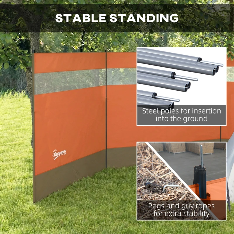 Outsunny Camping Windbreaker with Clear Windows and Steel Poles, for Beach Caravan Campervan, 440 x 140cm, Orange