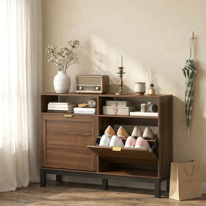 HOMCOM Shoe Cabinet with 2 Flip Drawers, Narrow Shoe Storage Top for Entryway Hallway, Rustic Brown