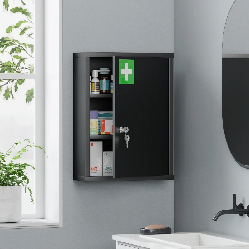 kleankin Medizinschrank zur Wandmontage mit Schloss, 3-stufiger Stahl-Wandschrank, 40 x 15 x 53,5 cm, Schwarz