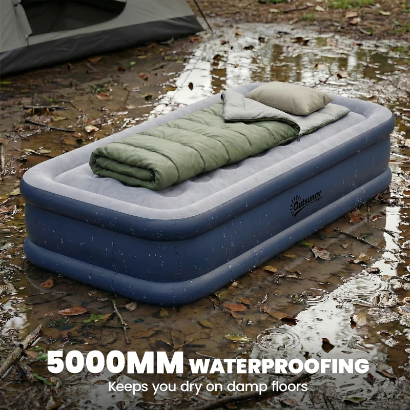 Outsunny Inflatable Mattress, Single Air Bed with Built-in Electric Pump, 3 Mins Inflation, Flocked Surface, Grey