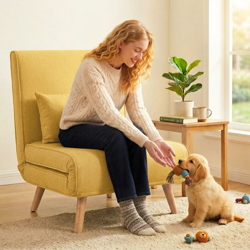 HOMCOM Sofá Cama Individual Plegable con Respaldo Ajustable 5 Posiciones Sillón Cama Tapizado con Cojín 72x75x85 cm Amarillo