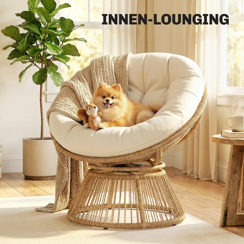 Outsunny Papasansessel 360° drehbar Korbsessel mit Kissen Stahlrahmen runder Rattansessel Loungesessel Cremeweiß