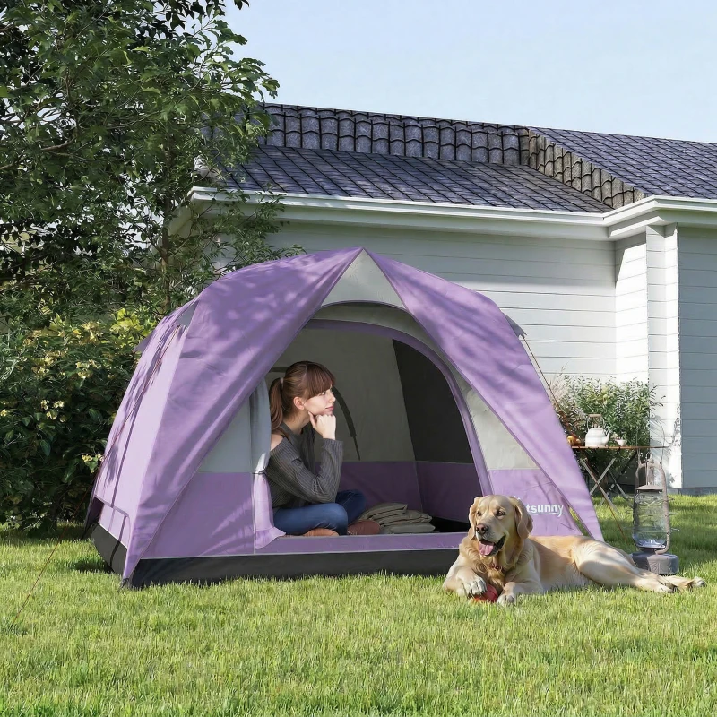 Outsunny 3-4 Person Camping Tent, Easy Set Up 3-4 Man Tent w/ Sewn-in Groundsheet, Waterproof Dome Tent w/ Mesh Windows