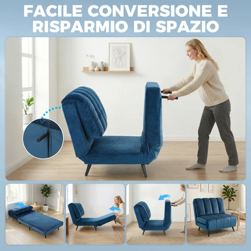 HOMCOM Poltrona Letto Pieghevole Trasformabile con Schienale Regolabile, Blu