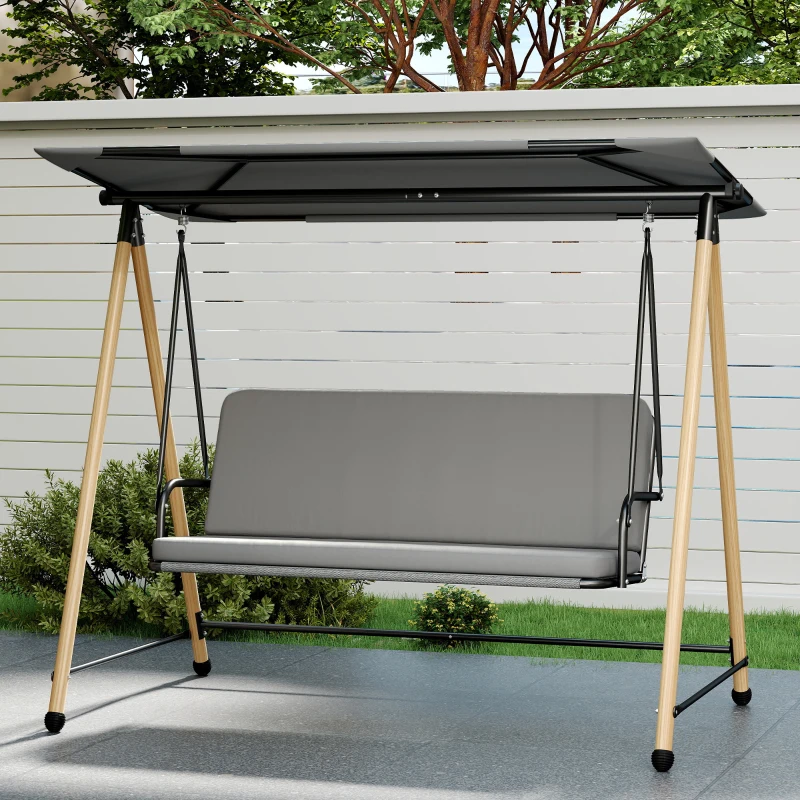 Outsunny Dondolo 3 Posti con Tettoia Regolabile e Cuscino, in Acciaio, Texteline e Poliestere, 208x125x180 cm, Grigio
