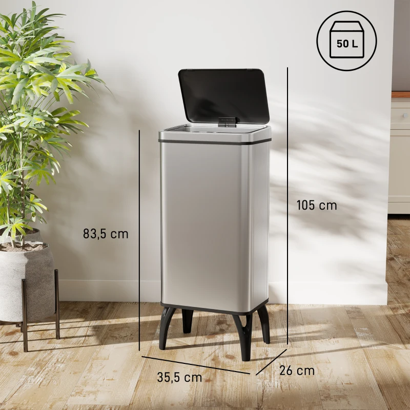 HOMCOM Balde de Lixo Automático 50 L  em Aço Inoxidável com Sensor Infravermelhos e Aro de Retenção 35,5x26x83,5 cm Prata