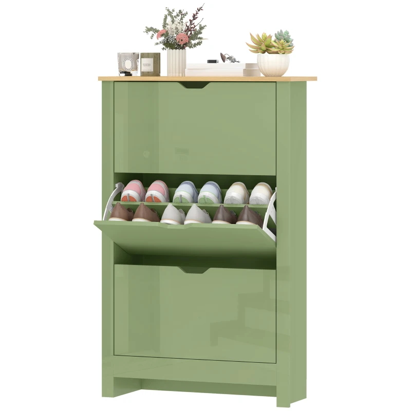 HOMCOM Slim Shoe Cabinet, Narrow Shoe Cupboard with 3 Flip Drawers, Adjustable Shelves for 18 Pairs of Shoes, High Gloss Green