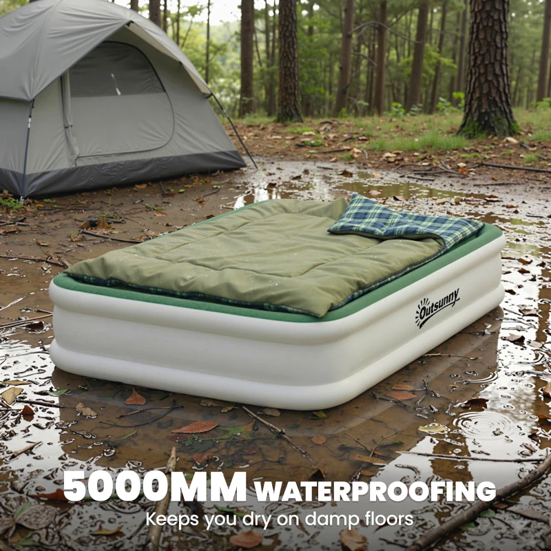 Outsunny Inflatable Mattress, Double Air Bed with Built-in Electric Pump, 3 Mins Inflation, Flocked Surface, Dark Green