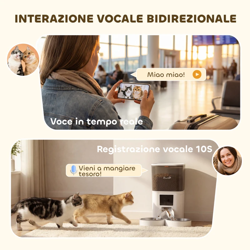 PawHut Distributore Automatico Cibo Gatti 6L WiFi 2.4G, App Controllo con Timer, 1-10 Pasti al Giorno, Registratore 10s, 2 Ciotole in Acciaio Inox