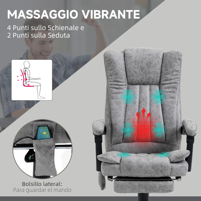 Vinsetto Sedia da Ufficio Massaggiante e Riscaldante ad Altezza Regolabile, Poltrona con Poggiapiedi, Sedia Ergonomica in Microfibra, 62x70x113-120 cm, Grigio