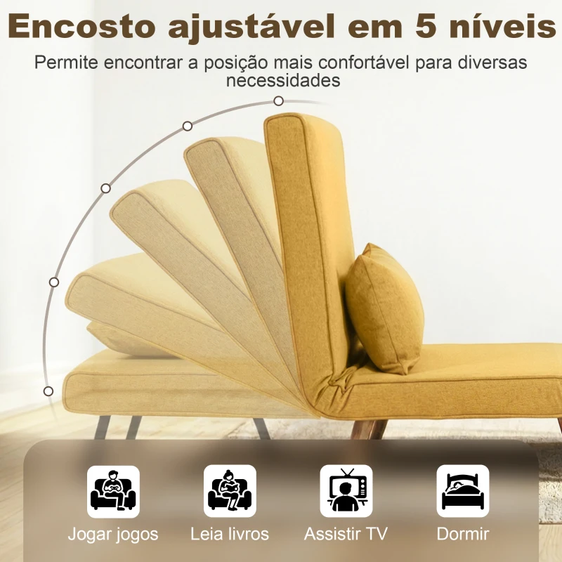 HOMCOM Sofá-Cama Individual Dobrável com Encosto Ajustável em 5 Posições, Sofá-Cama Estofado com Almofada 72x75x85 cm Amarelo