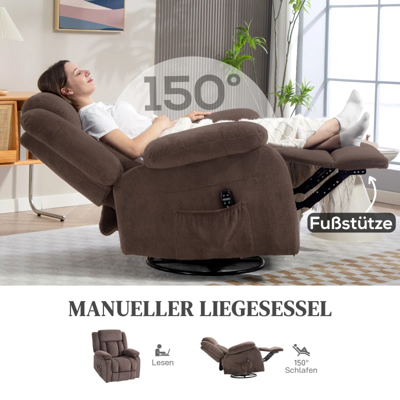 HOMCOM Massage-Sessel, 8 Vibrationspunkte, 5 Modi, Lendenheizung, verstellbar, drehbar, Polstersessel, Braun