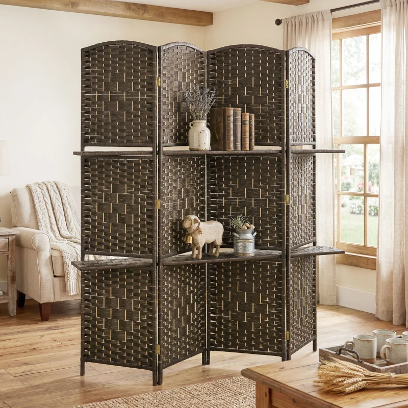 HOMCOM Biombo Separador de Ambientes 4 Paneles 160x170 cm con 2 Estantes de Exhibición Pantalla de Privacidad Plegable Marrón