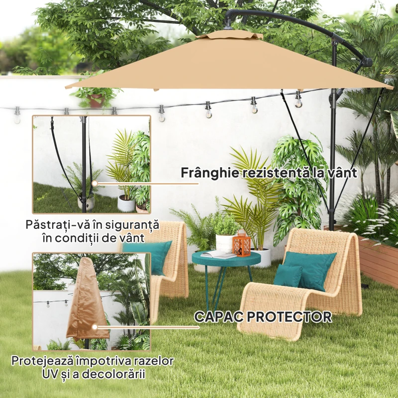 Outsunny Umbrelă de Soare cu Corzi Anti-Vânt, Orificii de Aerisire, Bază în Cruce și Manivelă, Φ290x243 cm, Gri