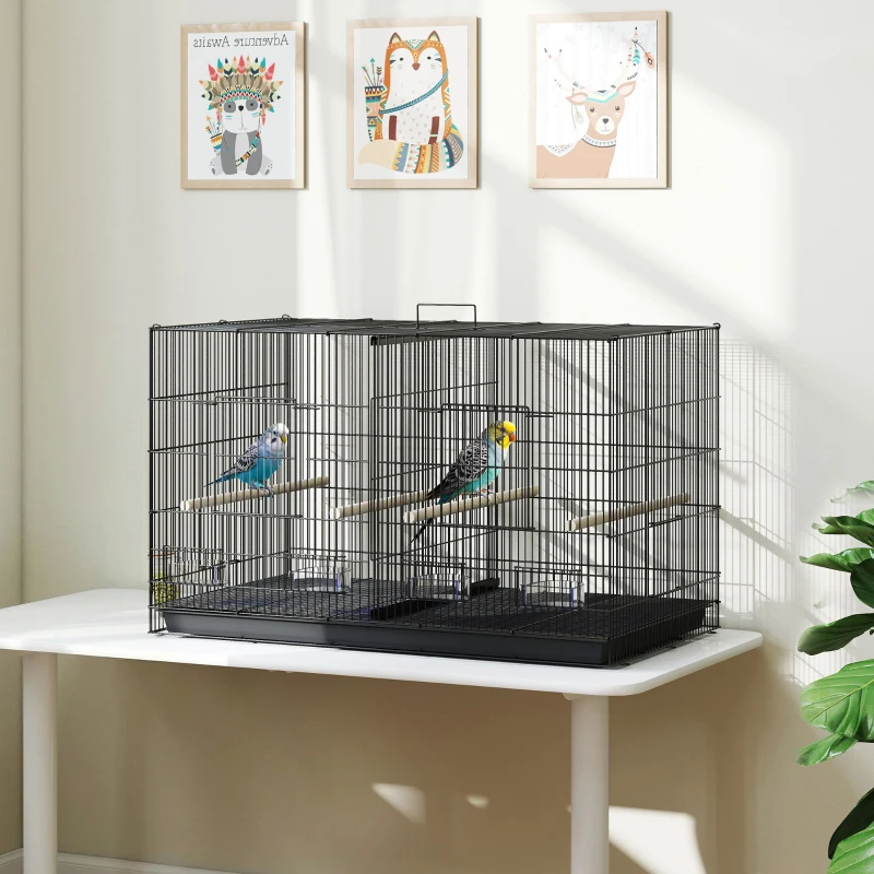 PawHut Colivie pentru Păsări cu Separator și Raft Inferior pentru Depozitare, din Oțel și PP, 94x57x57 cm, Negru