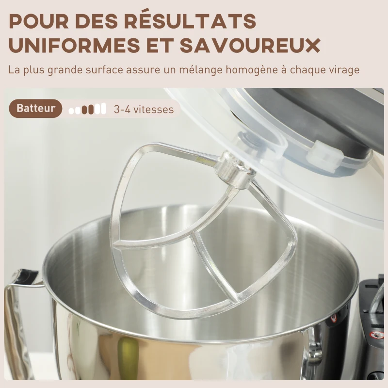 HOMCOM Robot pâtissier 1300 W, robot pétrin professionnel 4,5 L, bol d'acier inoxydable, 6+P vitesses et pulse, argent