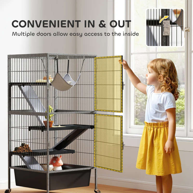 PawHut Klatka dla małych zwierząt 4-poziomowa z wysuwaną tacką, rampami, hamakiem, kółkami i platformami, 52x52x115 cm, szara