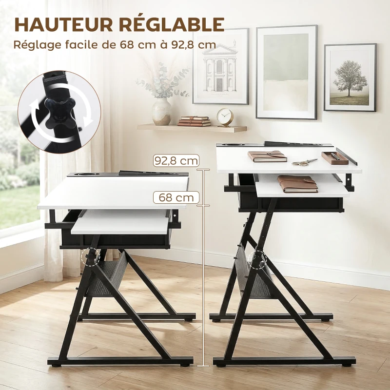HOMCOM Table à dessin avec tabouret et 2 tiroirs, hauteur réglable, plateau inclinable 0° à 60°, 120 x 60 x 68-92 cm, blanc