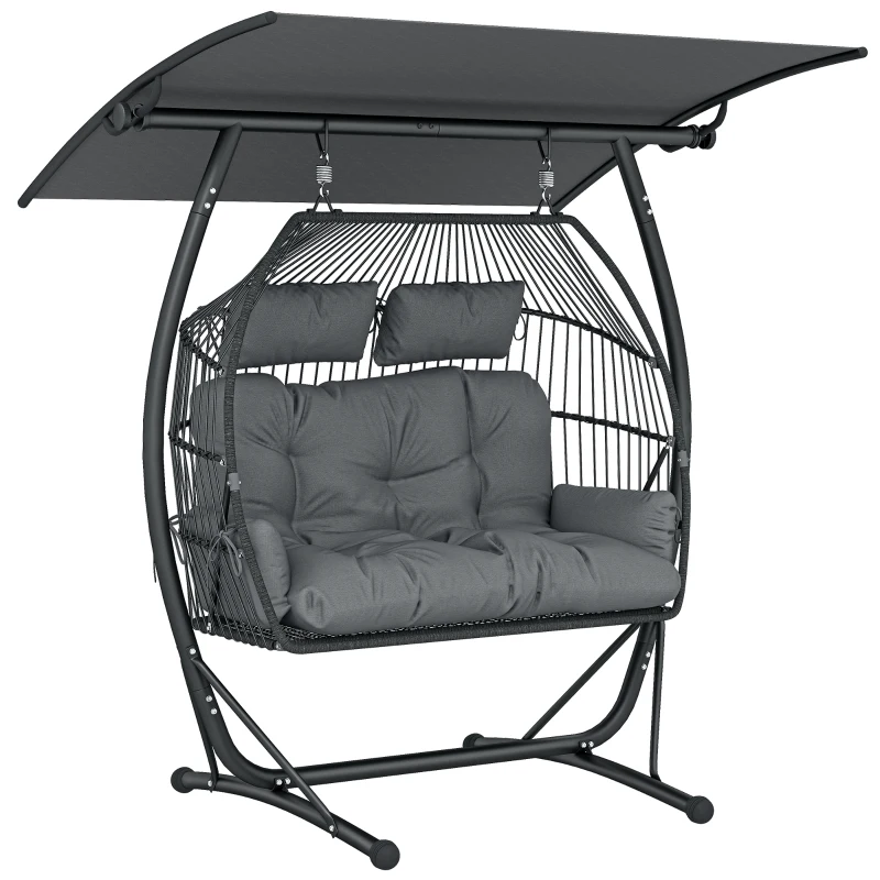 Outsunny Double Hanging Egg Chair with Canopy, Rattan Garden Egg Swing Chair with Cushion, Stand for Indoor Outdoor, Dark Grey