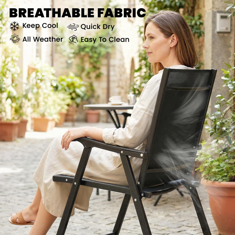 Outsunny Folding Garden Chairs Set of 4, Foldable Garden Dining Chairs with High Back, Armrests, Texteline Seat, Black