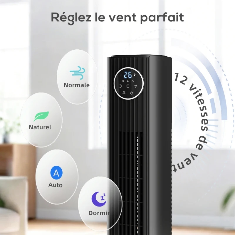 HOMCOM Ventilateur colonne silencieux 28dB, vitesse 8m/s, ventilateur tour chambre, 12 vitesses, 4 modes, minuterie 12H, noir
