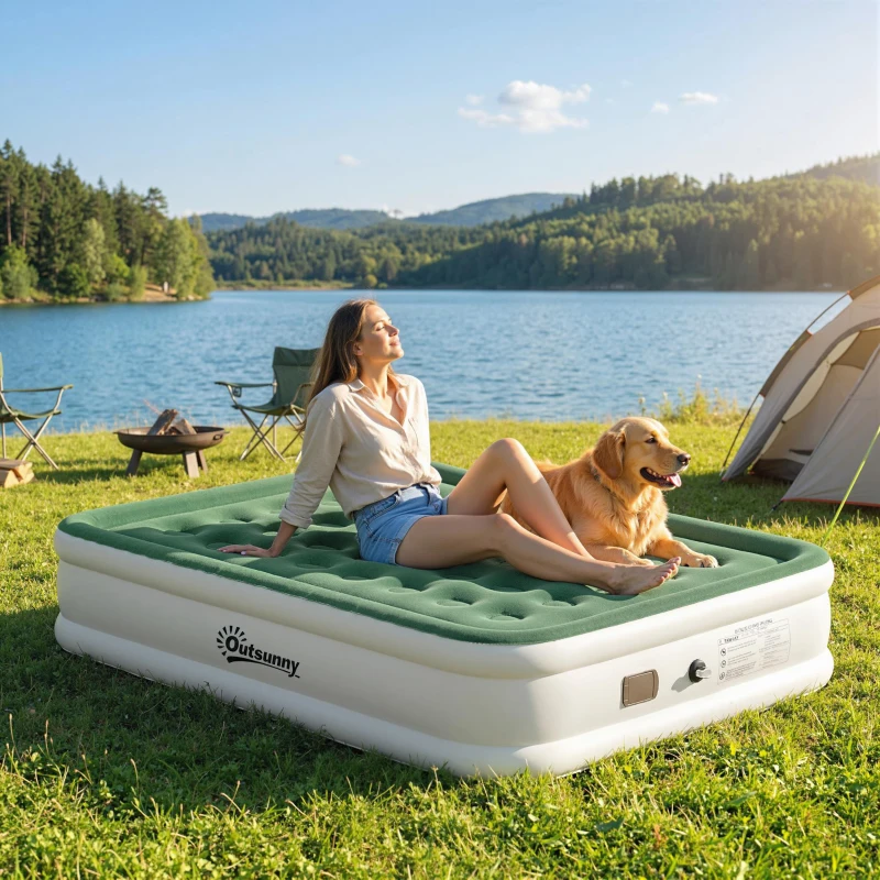 Outsunny Inflatable Mattress, Double Air Bed with Built-in Electric Pump, 3 Mins Inflation, Flocked Surface, Dark Green