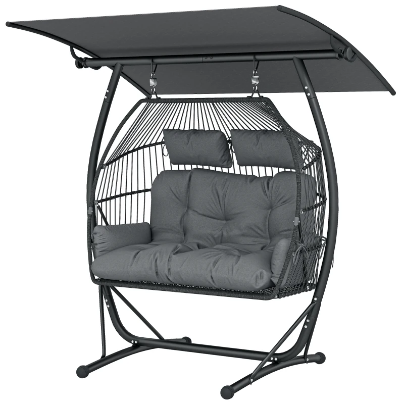Outsunny Double Hanging Egg Chair with Canopy, Rattan Garden Egg Swing Chair with Cushion, Stand for Indoor Outdoor, Dark Grey