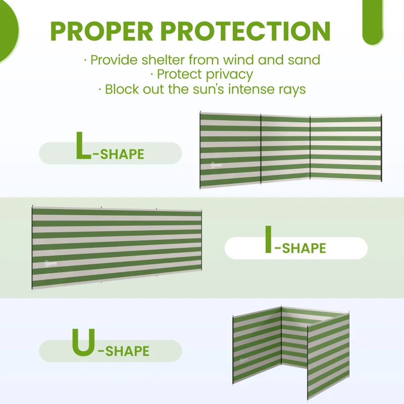 Outsunny 4 Pole Camping Windbreaks, Beach Wind Shield Shelter with Carry Bag and Steel Poles, 540cm x 150cm, Army Green