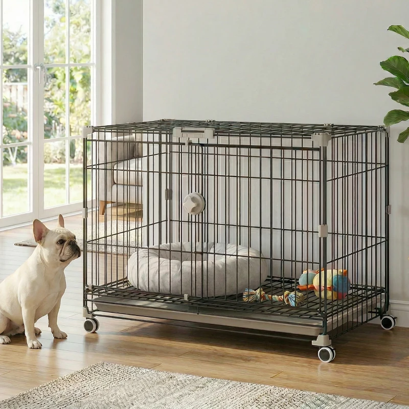PawHut Jaula Plegable para Perro, Bandeja Extraíble, Ruedas con Freno, Techo Abatible, Puerta para Alimentación, 75,5x46x64,5cm, Negro