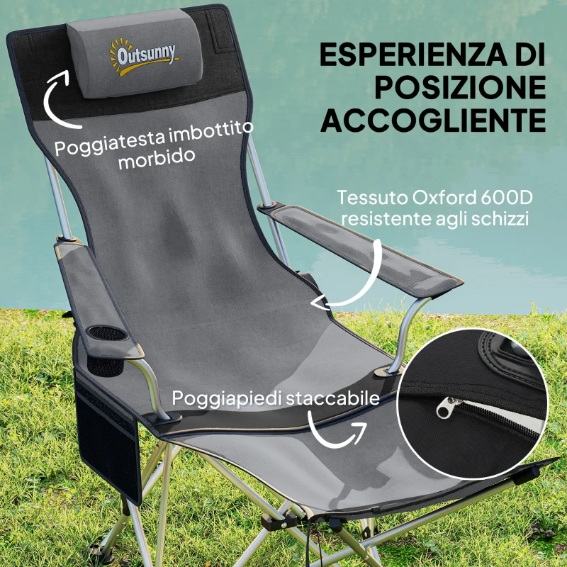 Outsunny Set 2 Sedie da Campeggio Pieghevoli con Poggiapiedi e Portabicchieri, 82x50/100x88 cm, Grigio