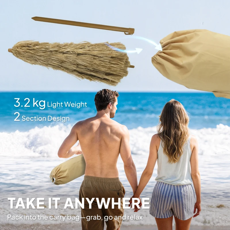 Outsunny Parasol de Plage à Franges en Paille Ø178 cm Inclinable Hauteur Réglable UV50+ Sac de Transport Marron Claro