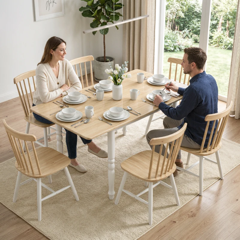 HOMCOM Table à manger pliante pour 2 à 6 personnes 74-134 cm, table de cuisine avec 2 abattants, pieds en acier, bois naturel
