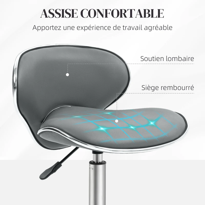 HOMCOM Tabouret à roulettes tabouret de travail avec hauteur réglable 44-56 cm et dossier, pivotant 360°, gris