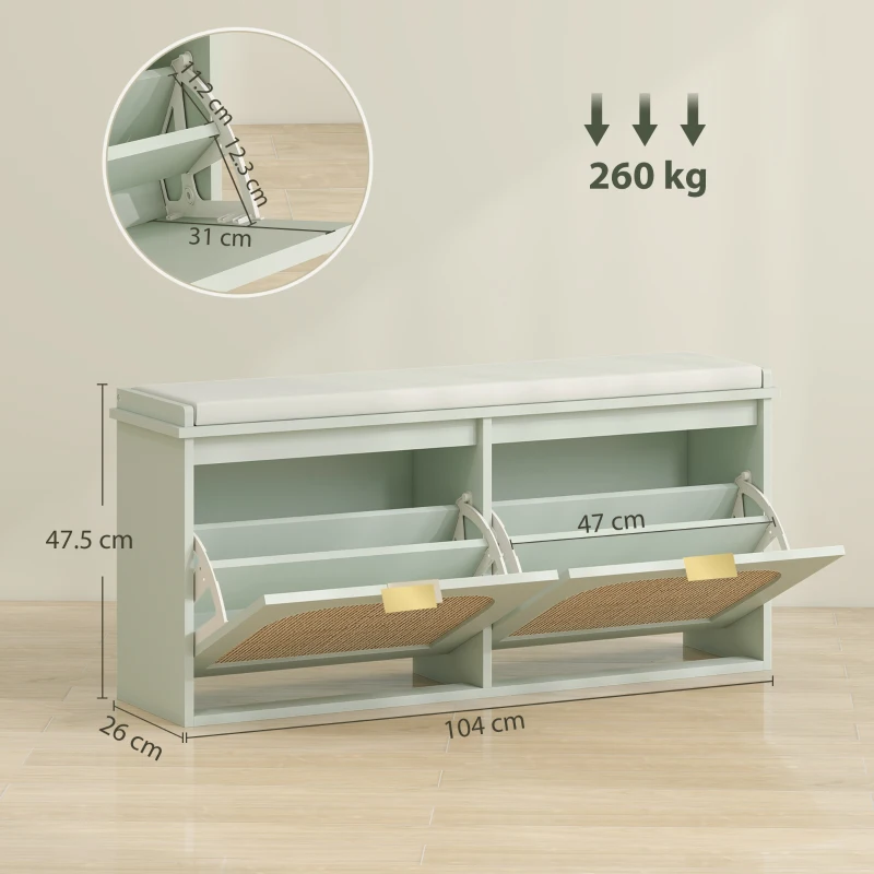 HOMCOM Bancă pentru încălțăminte, banc de depozitare, șezut căptușit, sertare rabatabile, ușă din ratan, 104 x 26 x 47,5 cm, verde