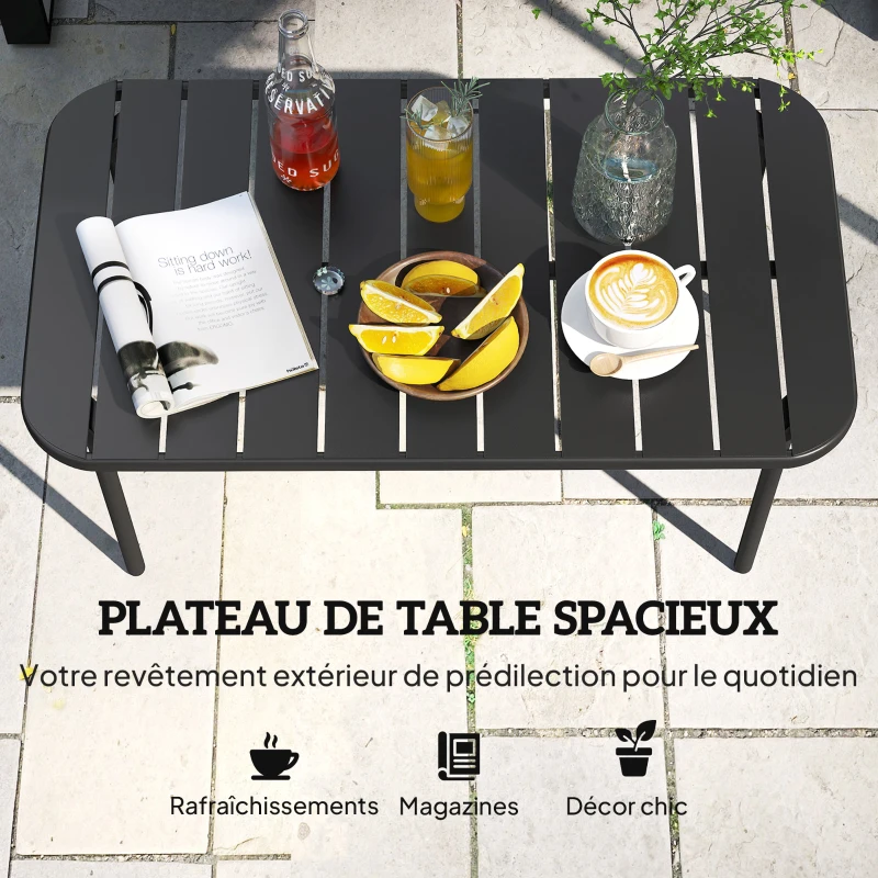 Outsunny Table Basse de Jardin en Acier Galvanisé, Plateau à Lattes, Table Rectangulaire aux Angles Arrondis, 90x50x43cm, Noir