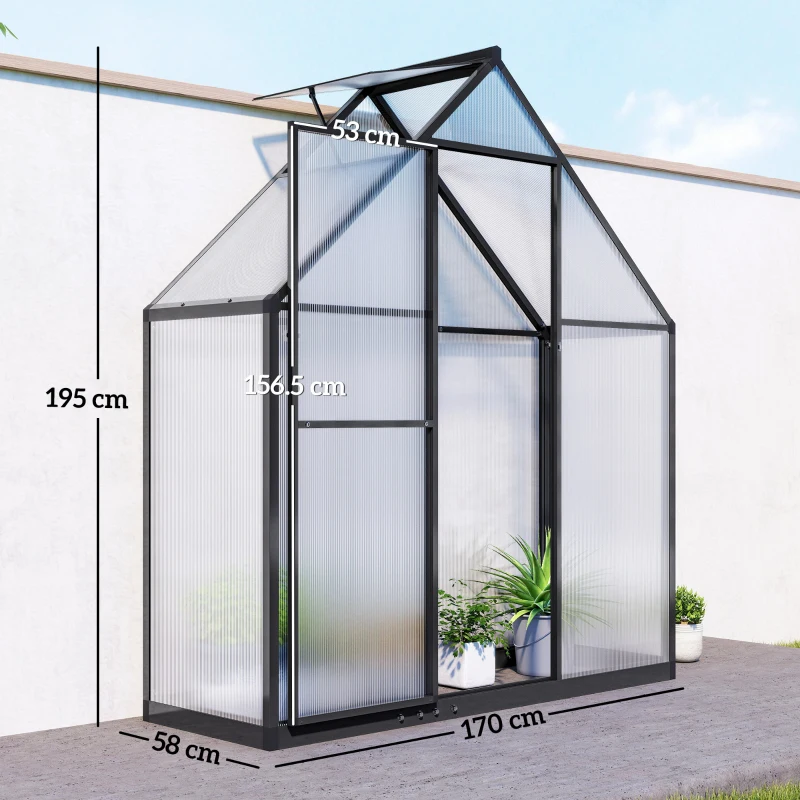 Outsunny Polycarbonate Greenhouse with Swing Door and Adjustable Window, Walk-in Greenhouse, 5.5 x 2ft, Black