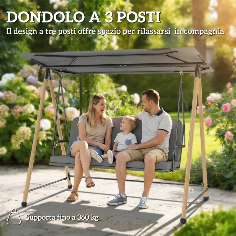 Outsunny Dondolo 3 Posti con Tettoia Regolabile e Cuscino, in Acciaio, Texteline e Poliestere, 208x125x180 cm, Grigio