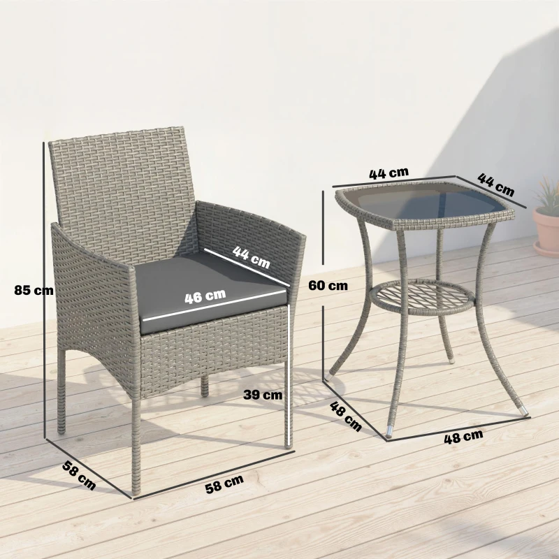 Outsunny 3 Piece Rattan Bistro Set, PE Wicker Garden Furniture Conversation Set with 2 Tier Glass-Top Table, Chairs, Dark Grey