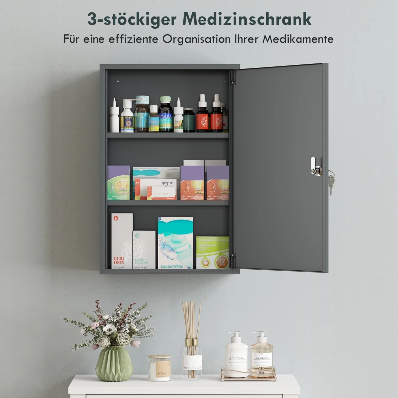 kleankin Wand-Medizinschrank, Badezimmerschrank mit 3 Regalböden, 2 Schlüsseln, 40 x 18 x 60 cm, Grau