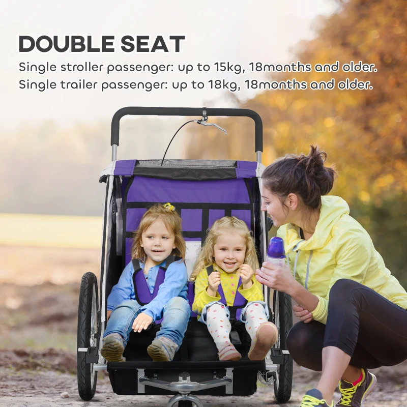 HOMCOM Baby Bike Trailer with 5 Point Harness, Steel Frame, Reflectors, Safety Flag, Hitch Coupler, Purple