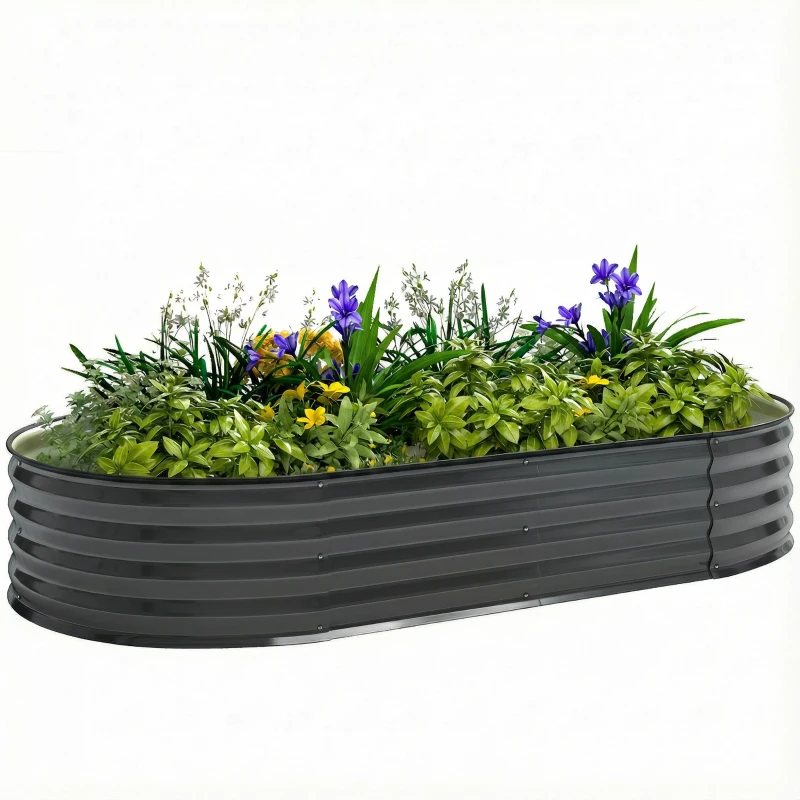Outsunny Galvanised Raised Garden Bed, Metal Planter Box with Safety Edging, for Flowers, Herbs, Succulents, Dark Grey