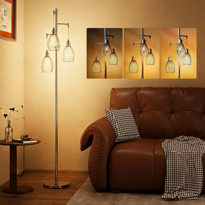 HOMCOM 3-Light Floor Lamp, 170cm Industrial Dimmable Standing Lamp with Steel Wire Cage Lampshades for Living Room, Bedroom, Dining Room, Study, Bulb Not Included, Silver Tone