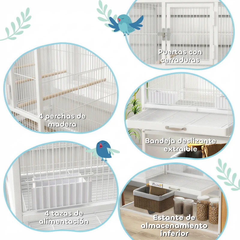 PawHut Jaula para Pájaros Grande con Divisor Ruedas 4 Comederos 4 Perchas Estante 2 Bandejas Extraíbles 95x45,5x102 cm Blanco
