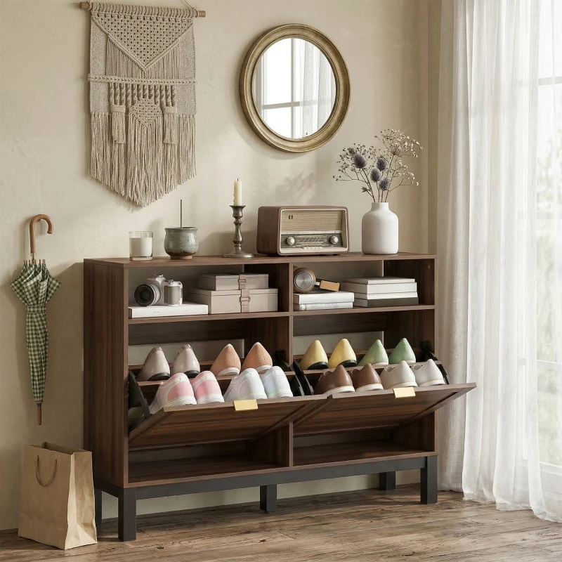 HOMCOM Shoe Cabinet with 2 Flip Drawers, Narrow Shoe Storage Top for Entryway Hallway, Rustic Brown