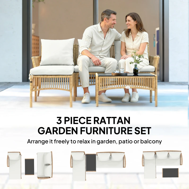 Outsunny 3 Piece Rattan Garden Furniture Corner Sofa Set with Chaise Lounge, Loveseat, Glass Coffee Table, Cushions, Natural Wood