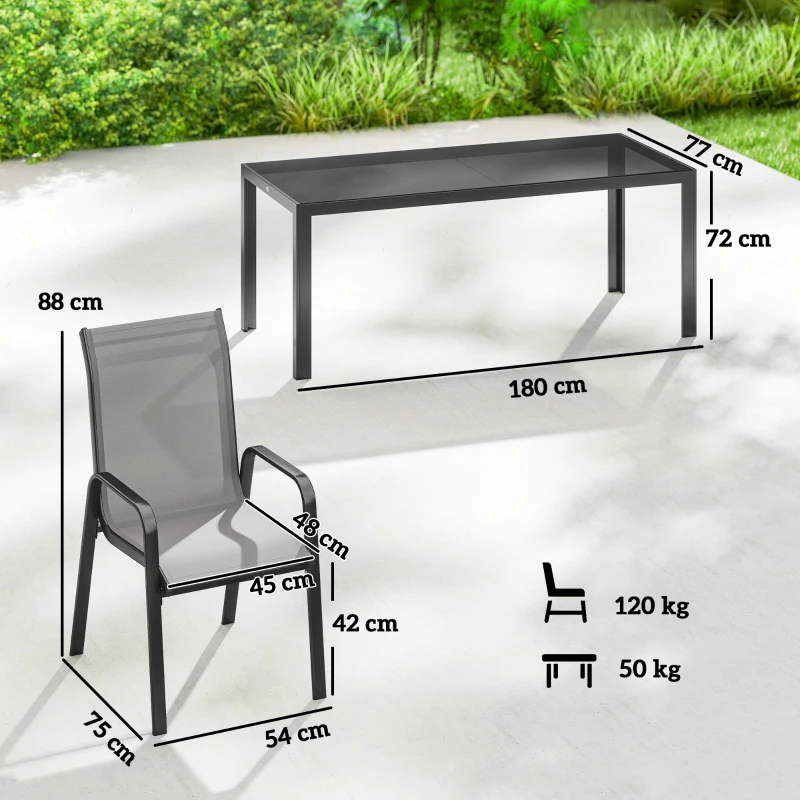 Outsunny Set da Esterno 9pz con 8 Sedie Impilabili in Texteline e Tavolino da Caffè con Piano in Vetro, Grigio Chiaro