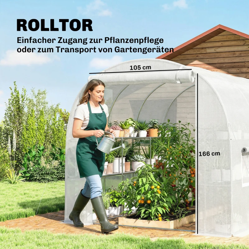 Outsunny Gewächshaus ca. 2,7 x 2 x 2 m Foliengewächshaus mit Regalen Rollbar Reißverschlusstür 6 Netzfenster Stützstangen