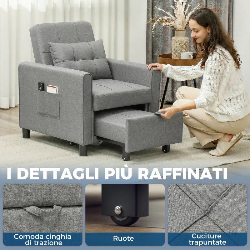 HOMCOM Divano Letto Pieghevole Convertibile con Schienale Regolabile e Cuscino, Grigio