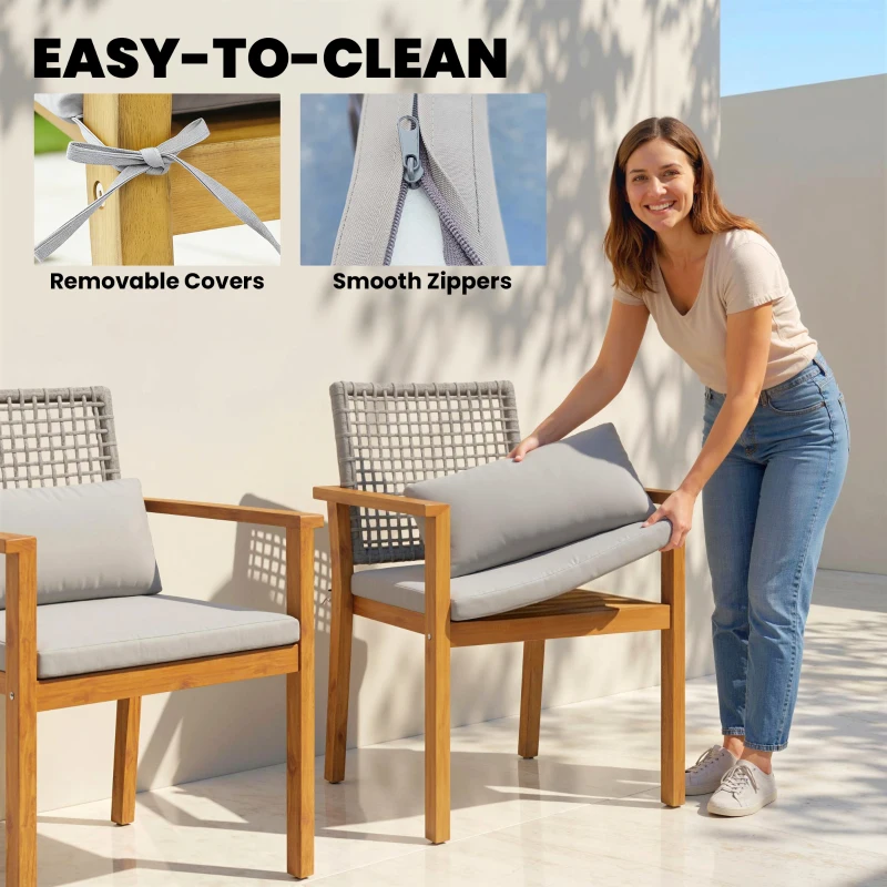 Outsunny Lot de 2 Chaises Bois d'Acacia avec Coussins et Coussins Décoratifs, Naturel.