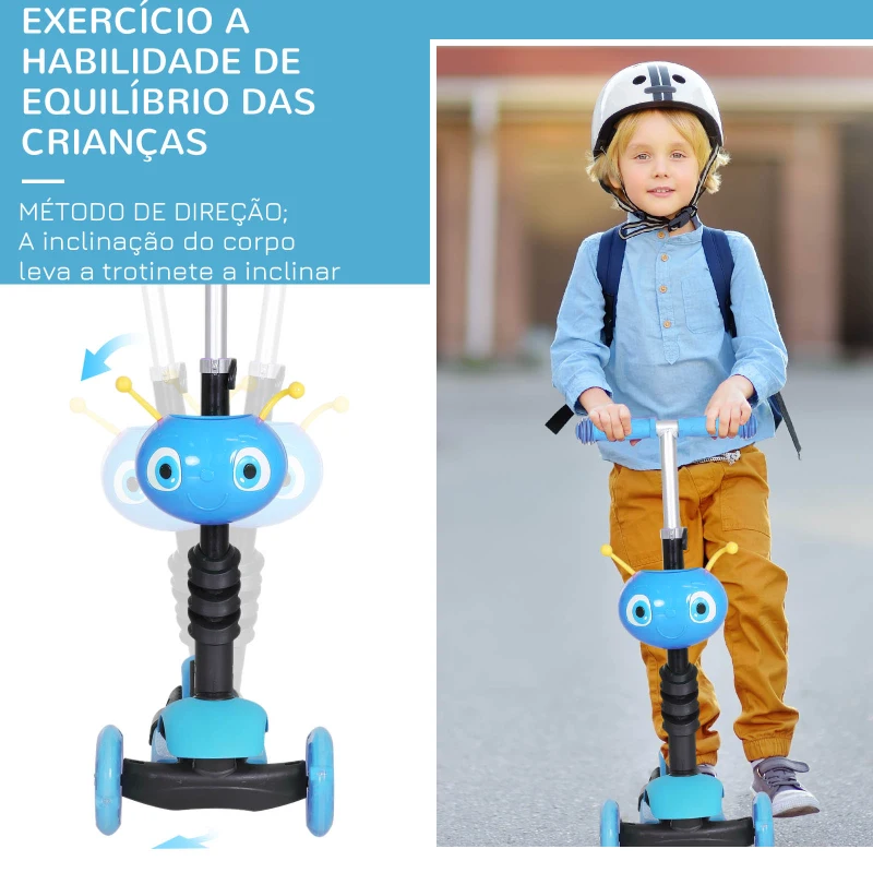 HOMCOM Trotinete 5 em 1 para Crianças com 3 Rodas Assento Removível e Guiador Ajustável Carga Máxima 50 kg 62x25x72,5 cm Azul